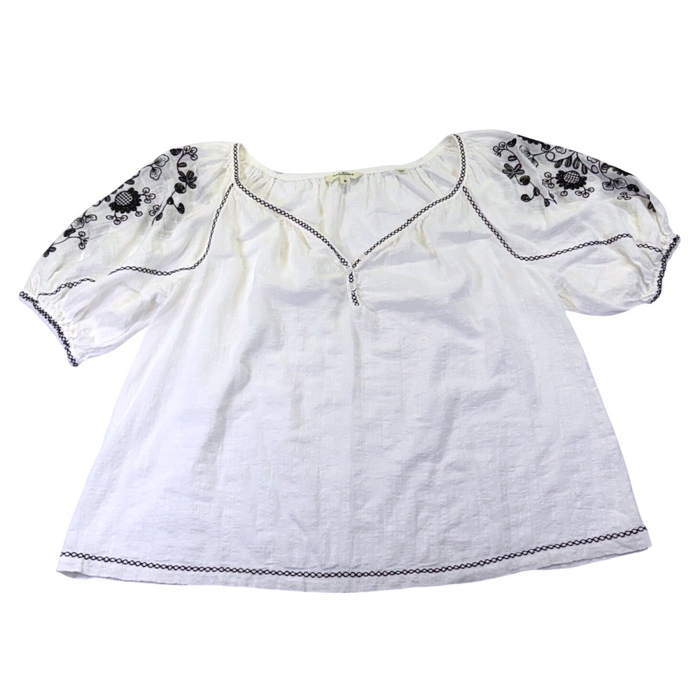 Max Studio London White Embroidered Peasant Blouse Puff Sleeve Boho Top Medium